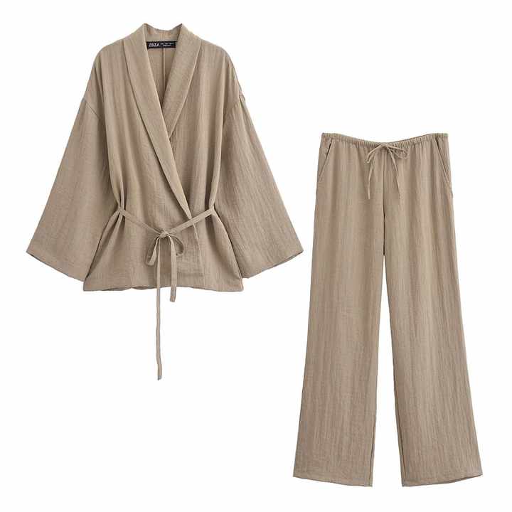 KAOPU ZA Women tie textured crossover kimono and drawstrings mid