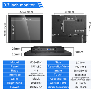 Zhixianda 9.7 inch 1024*768 không thấm nước công nghiệp pcap màn hình cảm ứng <span class=keywords><strong>LCD</strong></span> màn hình cảm ứng điện dung hiển thị với HD-MI <span class=keywords><strong>VGA</strong></span> cổng USB - Product Image 2