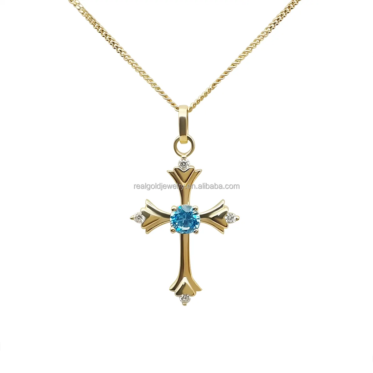 Schöne 9 Karat Echt Gold Kreuz Anhänger Halskette mit Single Blue Zircon Frauen Religionen Fine Jewelry 9 Karat Solid Gold Halskette