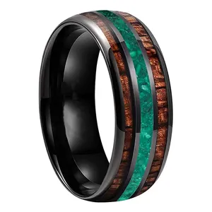 Ethnic Style Jewelry 8mm Black Tungsten Ring Engagement Ring Fashion Jewelry Turquoise Opal with Wood For Women and Men