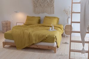 Juego de ropa de cama de lino tamaño personalizado King 100% Lino lavado a la piedra en amarillo musgo uso doméstico con técnicas de costura - Product Image 4