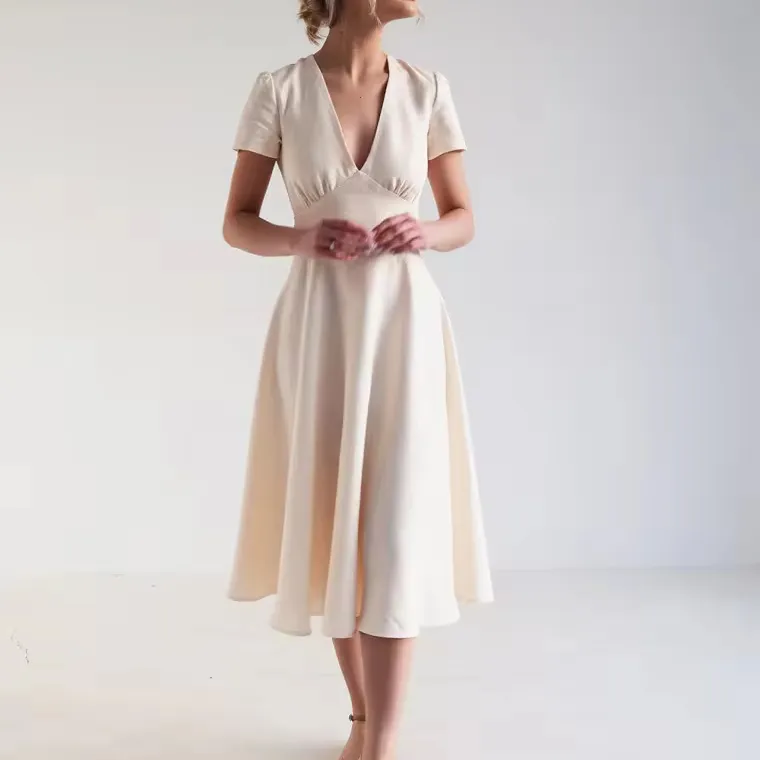 Vestido de linho branco sexy com decote em V para mulheres casuais de verão