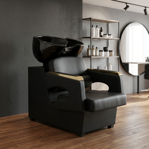 Fauteuil de lavage moderne noir rembourré avec lavabo intégré pour salon de coiffure - Product Image 1