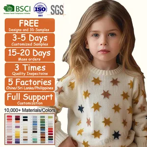 Sweater rajut katun lengan panjang anak perempuan, Sweater Pullover lengan panjang pola bintang, Sweater musim semi untuk anak perempuan