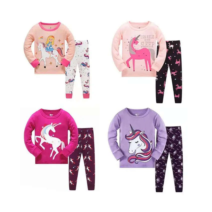 100% cotton new sleeping clothes cartoon pyjamas kids pajamas character sleepwear 2 pcs cute unicorn kids pajamas set