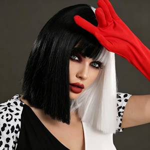 Perruque de 12 pouces avec frange, perruque bob noire et blanche, perruques de cosplay pour Halloween pour femmes, <span class=keywords><strong>cheveux</strong></span> courts et raides - Product Image 1