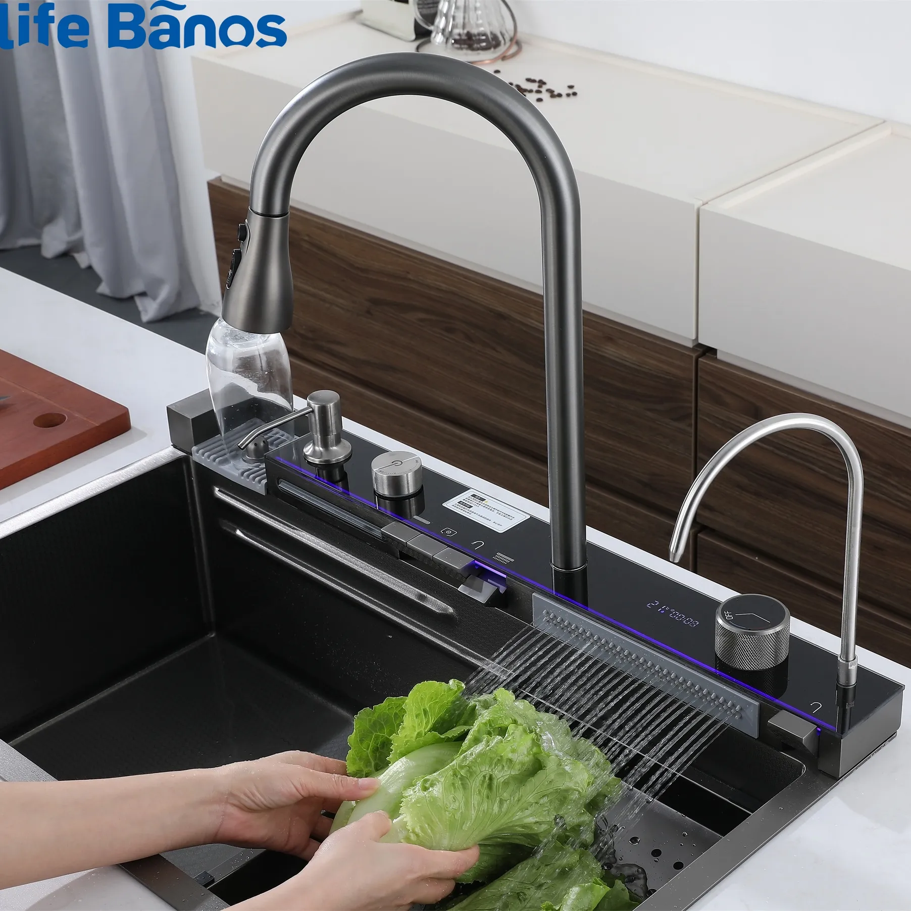 Fregadero de cocina multifuncional de una pieza, lavamanos automático con pantalla Digital de Piano, dos grifos de cascada, nueva tendencia 304 SS