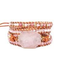 Bracelet en pierre naturelle à 5 tours, fait main, style bohème, en quartz rose, pour femme, idéal pour le dropshipping