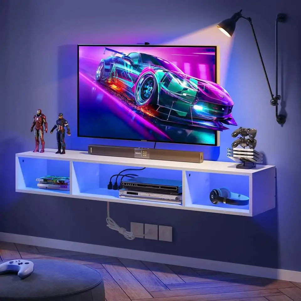 Mueble Para Tv Flotante Drijvende Planken Nieuw Model Hoogglans Led Licht Tv Stand Houten Meubels Vitrine Woonkamer Meubels