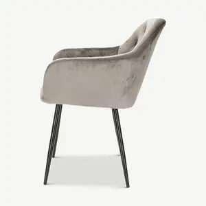 Оптовая продажа, стильный удобный подлокотник с высокой спинкой, серый обеденный стул с мягкой обивкой и металлическими ножками