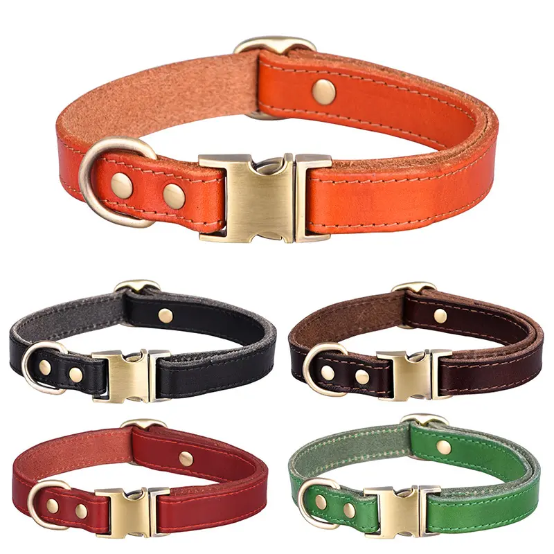 Custom Logo Engraved Buckle Leather Dog Collar Genuine Solid Color PU Genuine Leather Pet Dog Collar for Medium Large Dogs