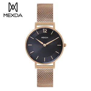 Mexda Elegant Rose Gold Womens Minimalist Quartz Watch Big Dial Simple Casual All Stainless Steel Montre Femme