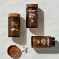 Bocal en verre ambré givré de 150 ml avec couvercle en bois pour suppléments de santé quotidiens Conteneur de capsules avec emballage en boîte