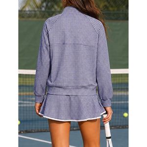 Custom Womens 2 Piece Gingham Set Half Zip Sweatshirt Mini <b>Skort</b> Stand Collar Long Sleeve Preppy Style Above Knee - Product Image 5