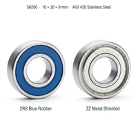 Rodamiento de Bolas de Acero Inoxidable de Una Hilera S6200 10x30x9mm AISI 420 Lubricado con Grasa de Ranura Profunda para Motores, Maquinaria y Equipos