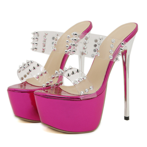 Nouvelles sandales d'été 2025 pour femmes, à talon aiguille, transparentes, rouges, 16 cm, à bout ouvert, rehaussantes, avec rivets - Product Image 6