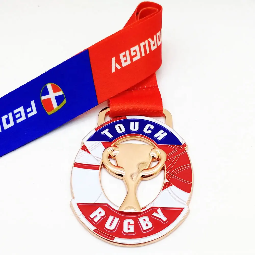 Rugby Medaille Fabricage Emaille Jiujitsu Custom Judo Medailles Sport Met Sublimatie Print Lint