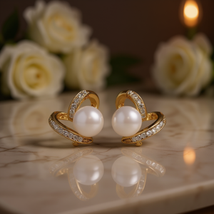 Orecchini a perno in oro E2857 con perle finte bianche a forma rotonda AAA, gioielli classici da donna per tutti i giorni, montatura a canale - Product Image 2