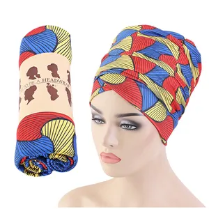 African Women Pre Tied Stretch Turban Head Wraps Headband Long Hair Scarf Bandanas Cap India Muslim Headwear