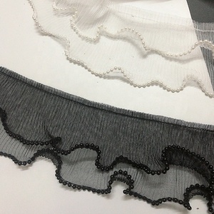 Bordir Grosir Hiasan Jala Ruffle Mutiara Berhias Manik-Manik Renda Trim LT2518B - Product Image 1