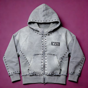 Wholesale Custom Acid Wash Distressed Hoodies for Men <b>Rhinestone</b> Zip Up Vintage Fleece Oversized Streetwear <b>Jacket</b> Manufacturer - Product Image 1