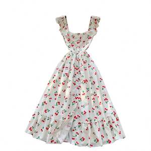 Vestido midi casual ajustado de cuello cuadrado con estampado digital tejido ecológico de corte A para mujer, cintura imperio, ideal para primavera. - Product Image 5