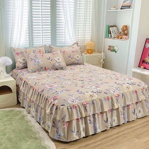 Double Layer Floral Printed 100% Polyester 100TC 30 Count Washable All-Season Bilateral <b>Bed</b> Skirt <b>Set</b> - Product Image 4