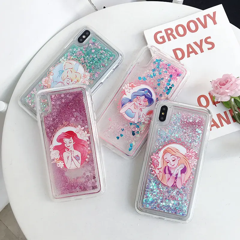 Drop Shipping Amazon Hot Sale Glitter Liquid Stitch Mermaid Aladdin Princess Fashion Cute Cartoon Hard Case For iPhone