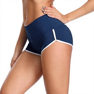 Shorts de Yoga Azul Marino de Cintura Alta con Franja Lateral Blanca, Spandex, Nailon, Elásticos en Cuatro Direcciones, Cintura Elástica, Color Sólido, Shorts Deportivos - Product Image 3