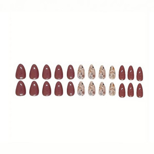 Uñas postizas acrílicas de almendra con diseño floral para otoño, de cobertura completa, con pegamento, bonitas y florales, de presión rápida. - Product Image 2