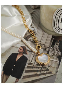 יפני וקוריאני טרנדי מעטפת פרל שרשרת תפרים לב תליון שרשרת זהב אמיתי ציפוי מעטפת פרל שרשרת - Product Image 2