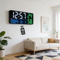 Jam Dinding Digital LED Besar dengan Alarm Ganda, Lampu Ambient Pintar, Temperatur/Tanggal/Hari, Memori Remote, Daya USB, Dekorasi Rumah