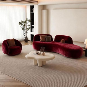 Sofá de tela curvo en forma de S, color burdeos, moderno y minimalista, para salas de estar pequeñas y áreas de recepción. - Product Image 3
