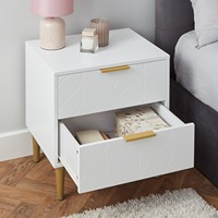 Table de chevet scandinave blanche avec 2 tiroirs, motif feuille sculpté, poignées barre dorée, pieds coniques, OEM ODM