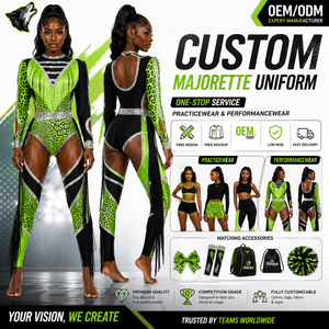 Combinaison de majorette HBCU personnalisée, vert néon, noir, argent, strass, imprimé léopard, franges en V, manches longues, découpes latérales, dos ouvert, pantalon long - Product Image 1
