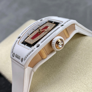 Women's white ceramic mechanical <b>watch</b> with red moissanite-<b>set</b> rubber strap - Product Image 5