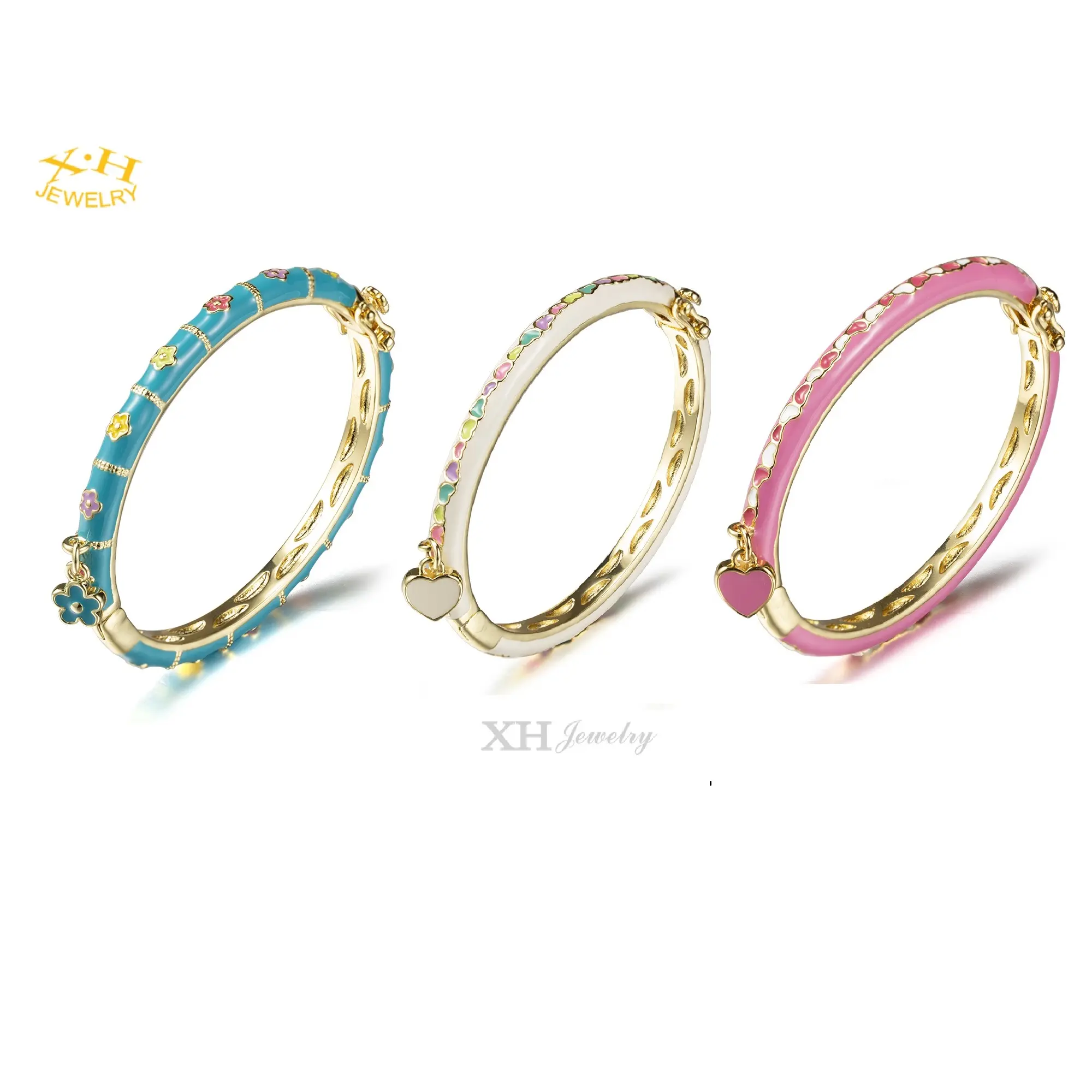 High Quality Kids Jewelry Colorful Love Heart Flower Enamel Brass Bangle Gold Plating