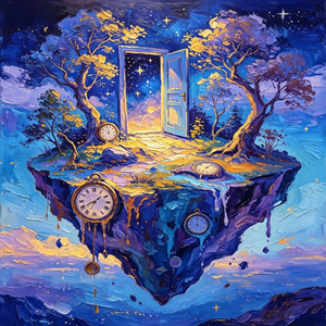 Dipinto a Olio Surrealista Paesaggio Onirico, Isola Fluttuante con Porta e Orologi, <span class=keywords><strong>Arte</strong></span> Murale per Arredamento Moderno - Product Image 6