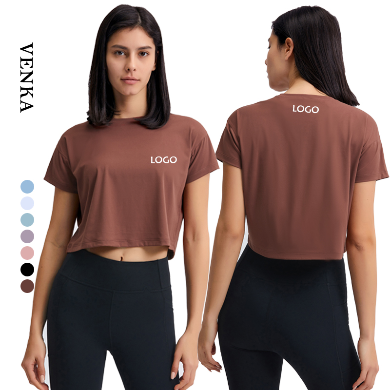 2023 Spring Summer Breathable Quick Dry Four-Way Stretch Women's Yoga Crop Top Loose Fit Solid Short Sleeve T-Shirts
