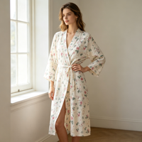 Robe Kimono en Coton et Lin Imprimée Respirante pour Femme – Vêtement de Nuit et de Détente pour la Maison, le Spa, les Voyages – Personnalisation du Logo