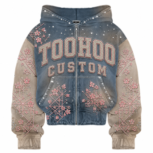 Sweat à capuche court zippé personnalisé délavé à l'acide pour homme, coupe oversize, avec lettrage appliqué et strass, style streetwear, 100% coton, ODM Group - Product Image 1