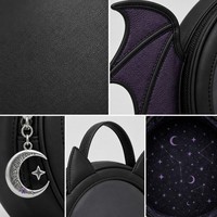Sac à dos personnalisé en forme de chauve-souris Midnight Bat, noir mat avec accents violets, oreilles et ailes de chauve-souris, grande fenêtre transparente ronde, style Kawaii