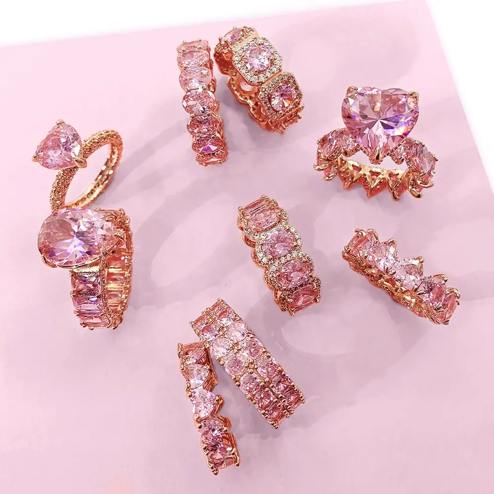 fashionable ready to ship pink zircon rose gold plated iced our bling finger rings