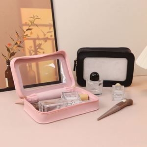 Fashion Pu Leather Square Cosmetic Case <b>Transparent</b> Window Zipper Water Resistant Large Capacity Travel Toiletry <b>Bag</b> for Women - Product Image 4