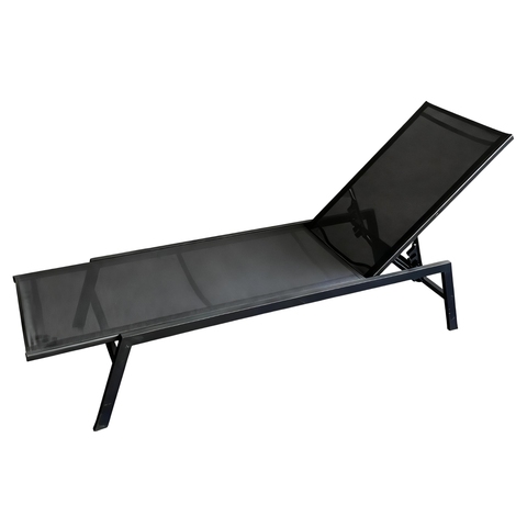 Black mesh sling sun recliner frame and seat surface detail for commercial use