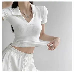 Phụ Nữ Polo Áo Sơ Mi Cắt Polo Áo Sơ Mi Mùa Hè Ngắn Tay Áo V Cổ Y2K Tops Giản Dị Phù Hợp T-Shirt Biểu Tượng Tùy Chỉnh 2023 Mới Áo Sơ Mi Ngọt Ngào