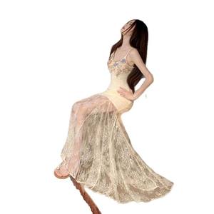 Vestido Largo de Verano para Mujer, Estilo Francés, con Encaje Floral, Malla Transpirable, Crepé, Elegante, Línea A, Blanco, Sin Tirantes, Natural - Product Image 5