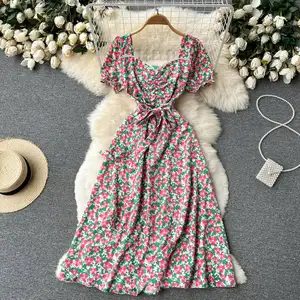 Custom Short Sleeve V-neck Floral A-Line Dress Summer High Waist Maxi Dress Women Floral Casual Dresses