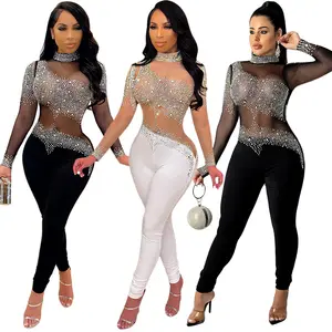 Chất Lượng Cao Phụ Nữ Rắn Dài Tay Áo Đêm Clubwear Jumpsuit Pha Lê Rhinestone Sheer Lưới Skinny Jumpsuit Cho Phụ Nữ