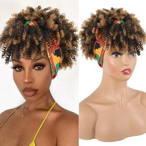 Perruque synthétique afro courte bouclée crépue en soie glacée avec bandeau, 6 pouces, entièrement mécanisée, sans dentelle, en fibre américaine haute température - Product Image 1